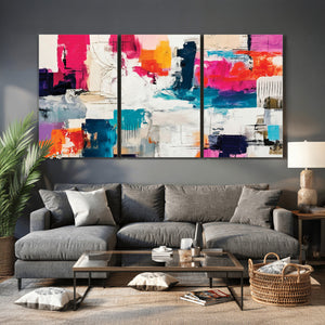 Blue Teal Abstract Canvas Wall Art, Modern Textured Painting Print, Navy Orange White Contemporary Art, Neutral Living Room Decor, Office Art