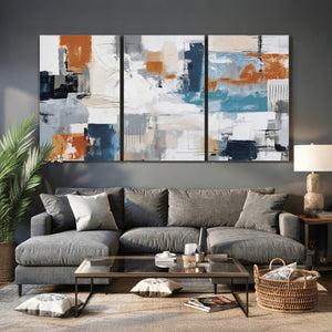 Blue Teal Abstract Canvas Wall Art, Modern Textured Painting Print, Navy Orange White Contemporary Art, Neutral Living Room Decor, Office Art