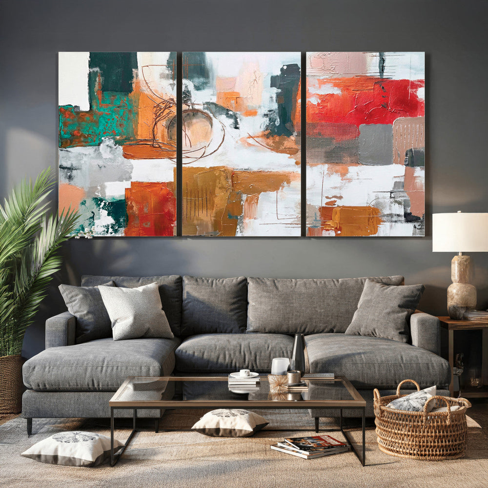 Blue Teal Abstract Canvas Wall Art, Modern Textured Painting Print, Navy Orange White Contemporary Art, Neutral Living Room Decor, Office Art