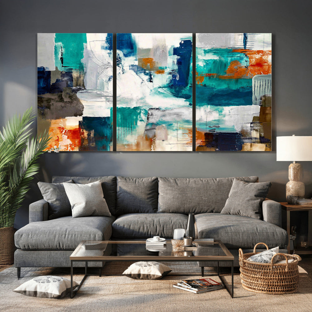Blue Teal Abstract Canvas Wall Art, Modern Textured Painting Print, Navy Orange White Contemporary Art, Neutral Living Room Decor, Office Art