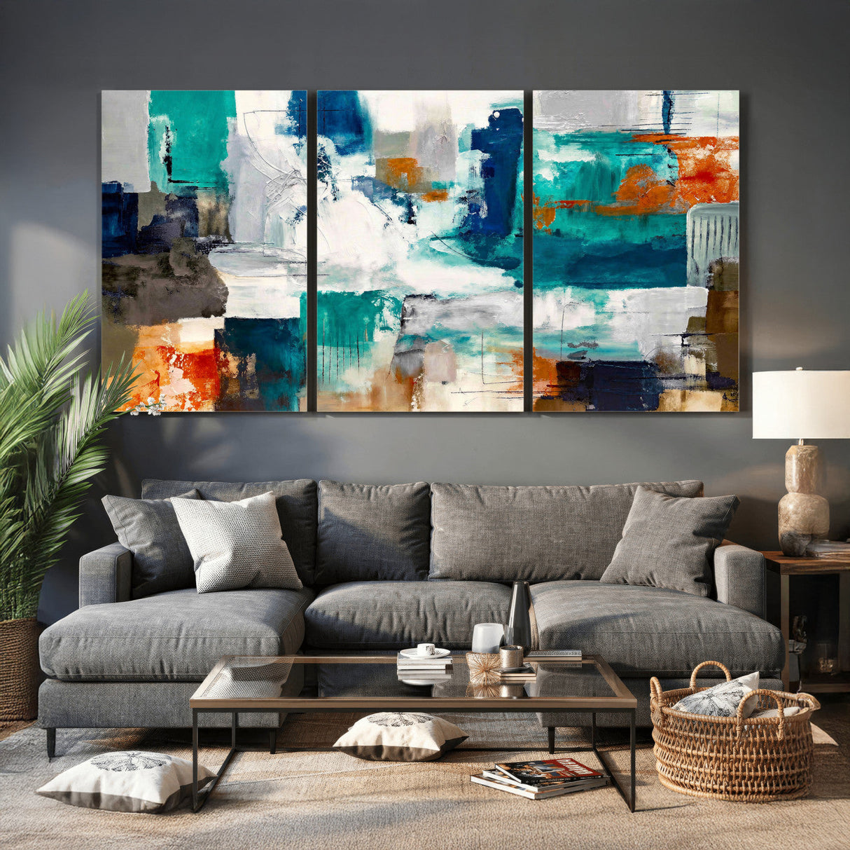 Blue Teal Abstract Canvas Wall Art, Modern Textured Painting Print, Navy Orange White Contemporary Art, Neutral Living Room Decor, Office Art