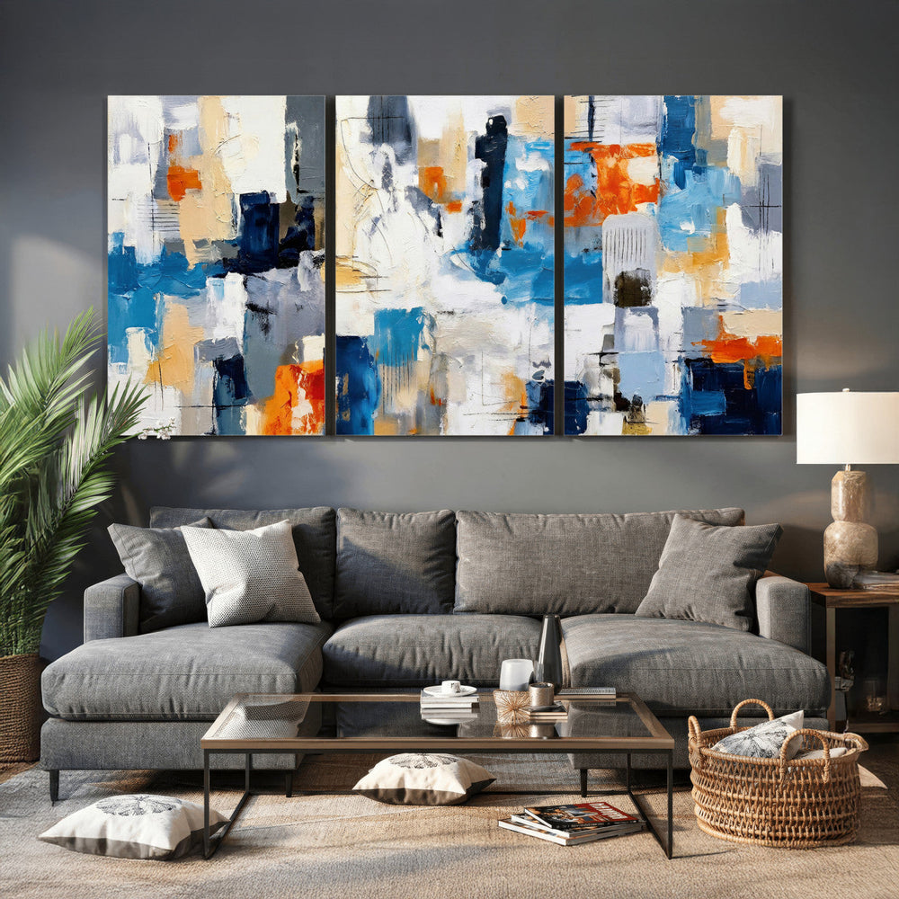 Blue Teal Abstract Canvas Wall Art, Modern Textured Painting Print, Navy Orange White Contemporary Art, Neutral Living Room Decor, Office Art