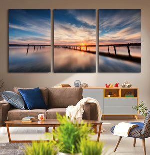Wooden Pier on Seascape and Sunset Wall Art Canvas Print