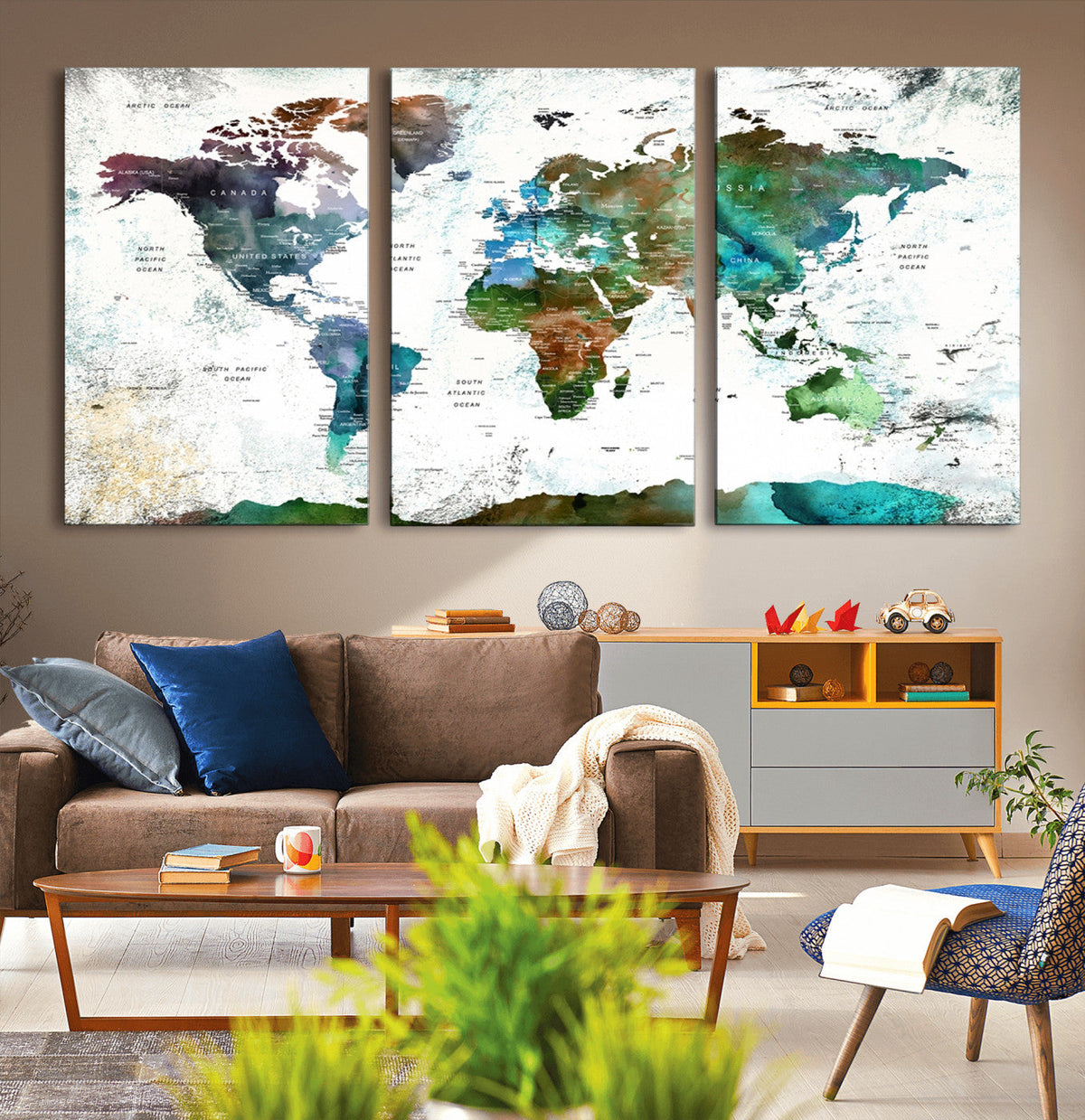 Modern Watercolor World Map Canvas Wall Art – Framed