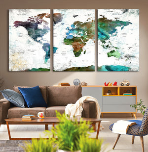 Modern Watercolor World Map Canvas Wall Art – Framed