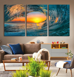Ocean Wave Sunset Wall Art | Large Coastal Wave Canvas Print