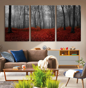 Red Forest Floor Canvas Wall Art – Mystical Foggy Woodland