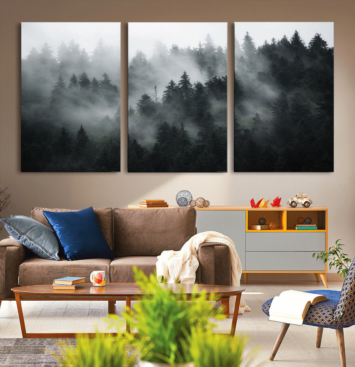 Foggy Forest Wall Art Canvas Print | 3 Panel Large Misty