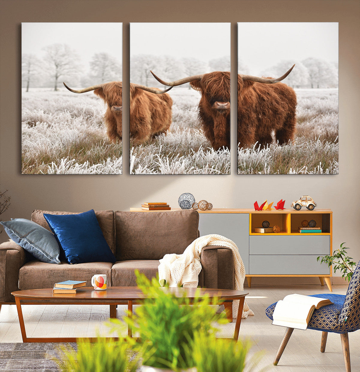 Longhorn Cattle Wall Art Canvas Print, Framed Farmhouse