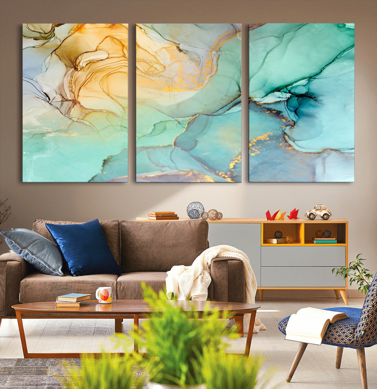 Abstract Aqua and Gold Fluid Wall Art Canvas | 3 Panel Large