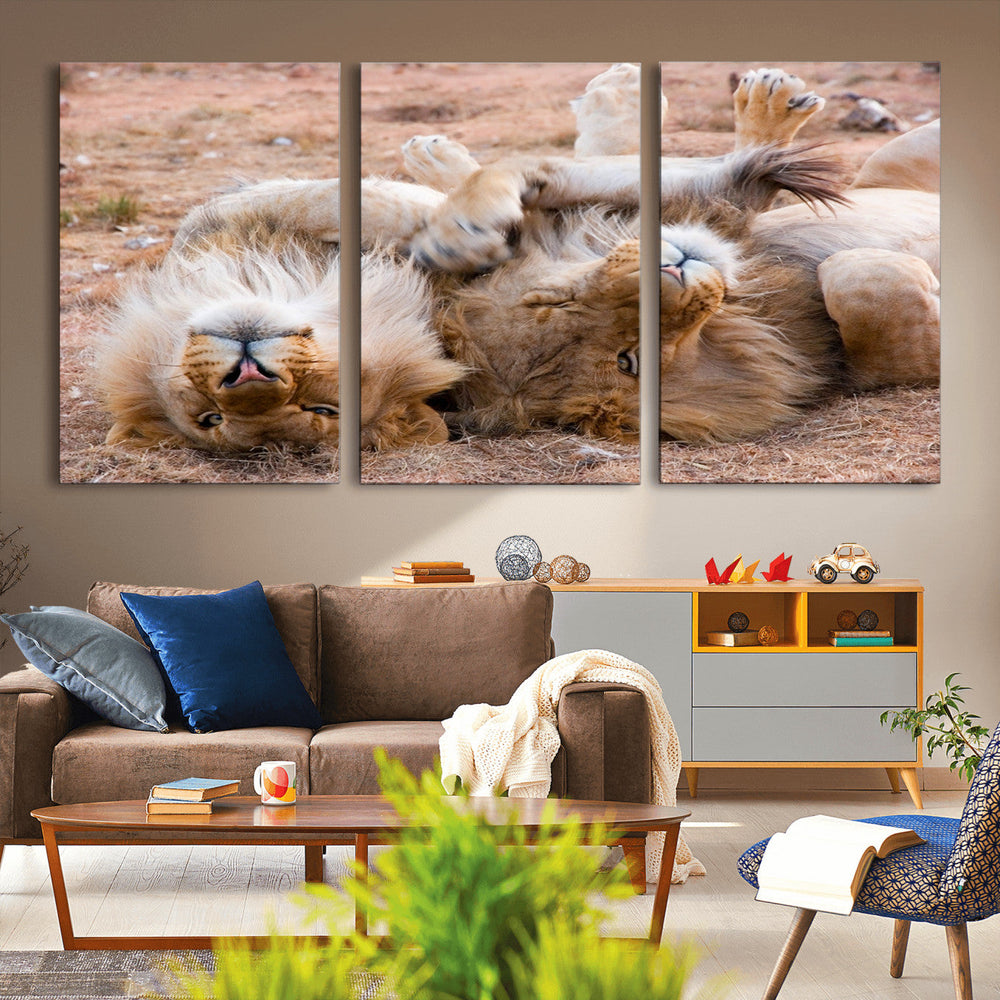 Lion Pair Wall Art Canvas Print – Framed Wildlife Scene with