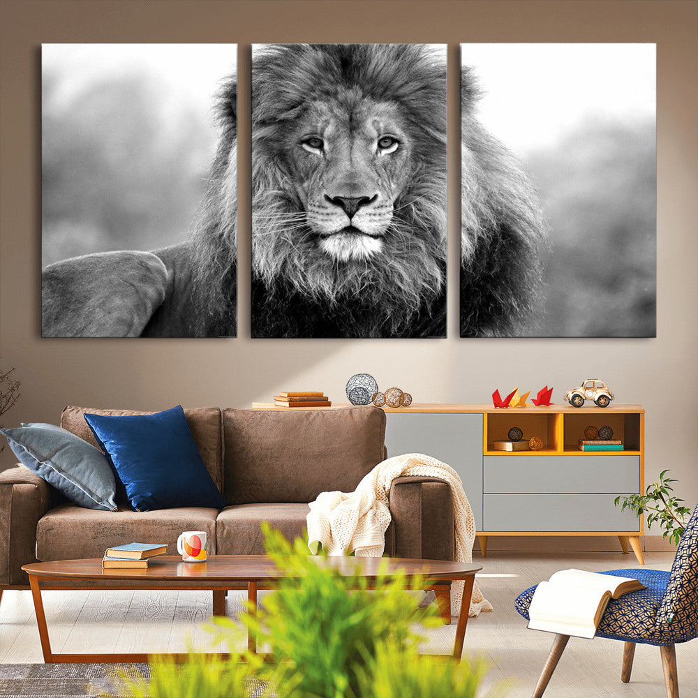 Black and White Lion Canvas Wall Art – Animal Print Artwork