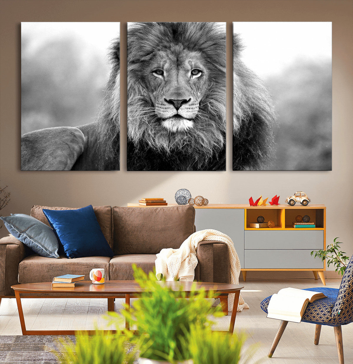Black and White Lion Canvas Wall Art – Animal Print Artwork