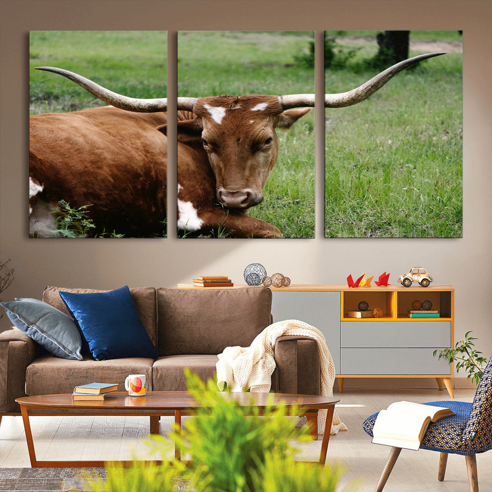 Longhorn Steer Canvas Wall Art – Rustic Nature Triptych