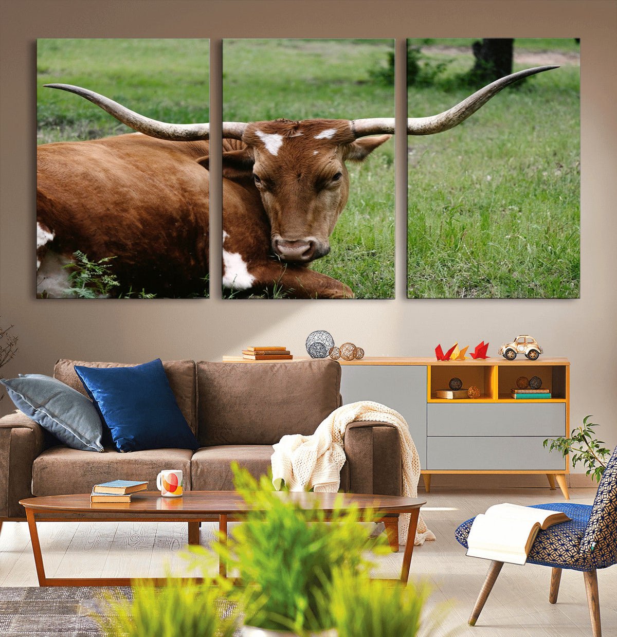 Longhorn Steer Canvas Wall Art – Rustic Nature Triptych