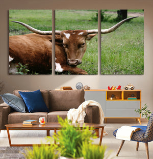 Longhorn Steer Canvas Wall Art – Rustic Nature Triptych