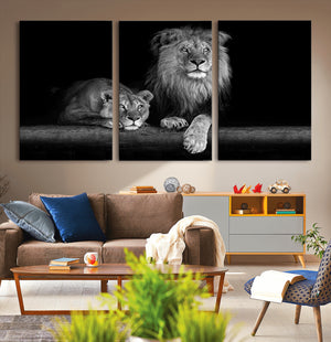 Large Black and White Lion Couple Wall Art Canvas Print –