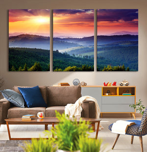 Beautiful Sunset over Hills Forest Landscape Canvas Wall Art