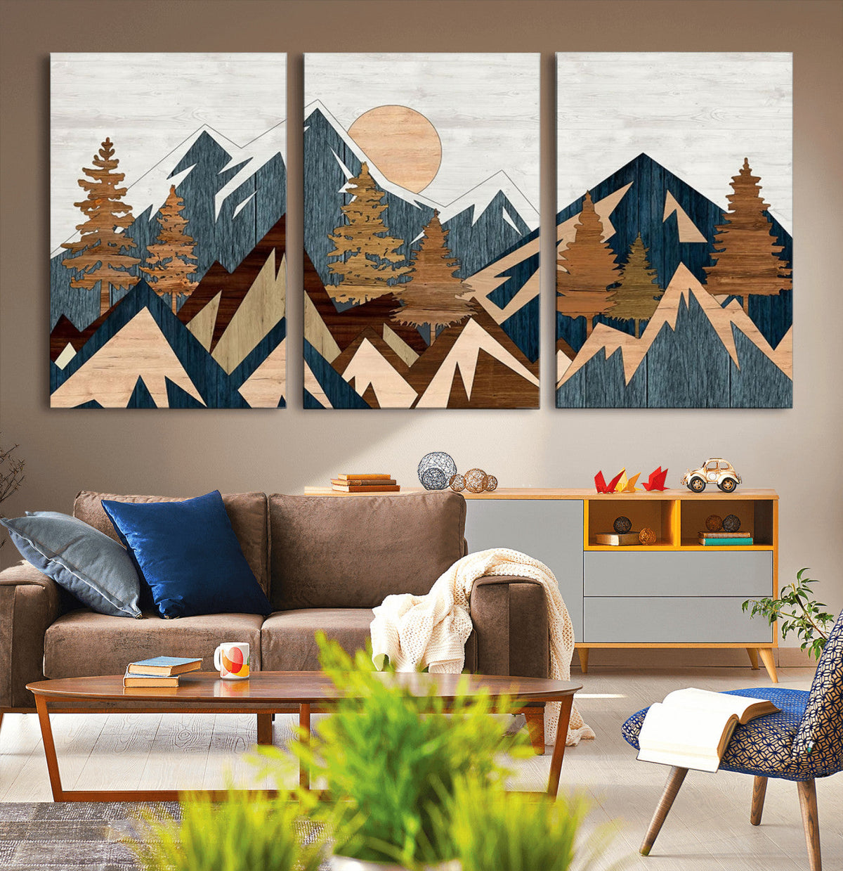 Abstract Wood Panel Effect Mountain Range Top Wall Art