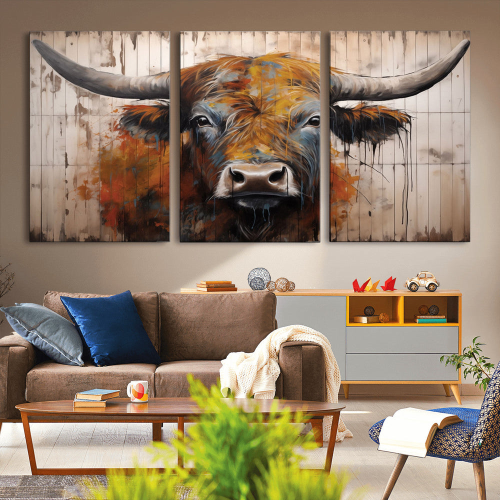 Scottish Highland Cow Cattle Art Print on Wood Style