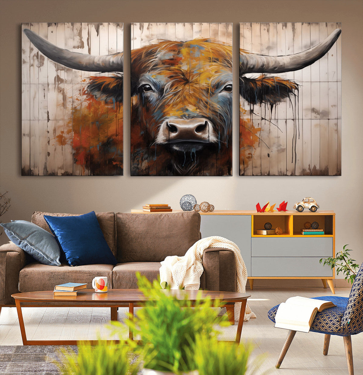 Abstract Bull Highland Cow Canvas Wall Art Print – Vibrant