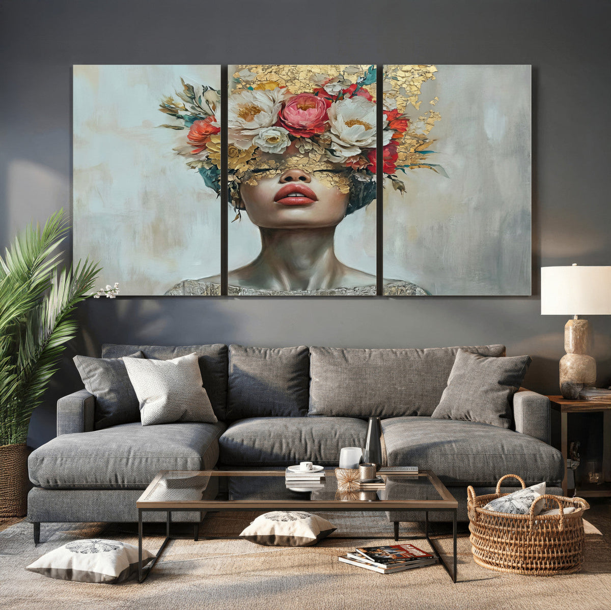 Golden Petal Wall Art Canvas Print - Silhouette Woman Wall