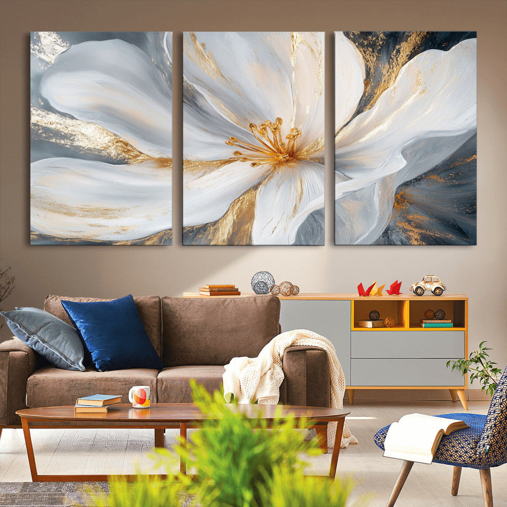 White and Gold Floral Canvas Wall Art - Framed and Ready to