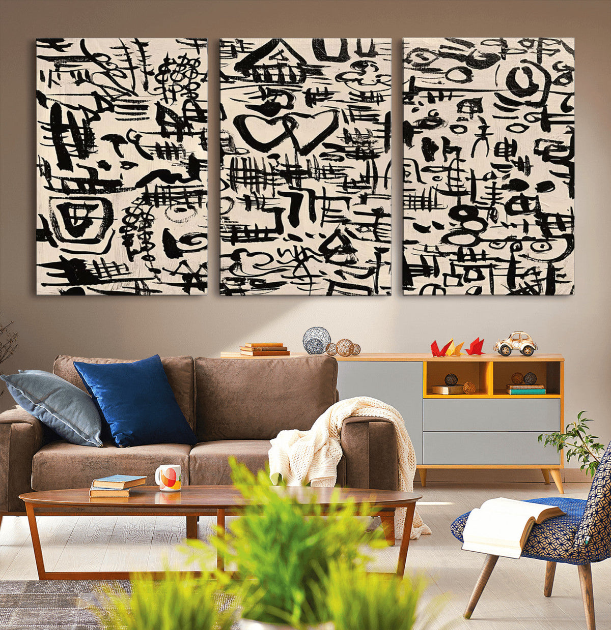 Abstract Love and Chaos Canvas Print, Black Symbols on Beige