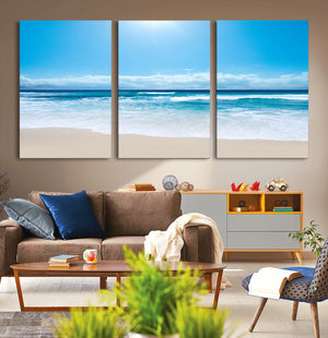 Wall Art Canvas Print Shiny Blue Sea and Beach
