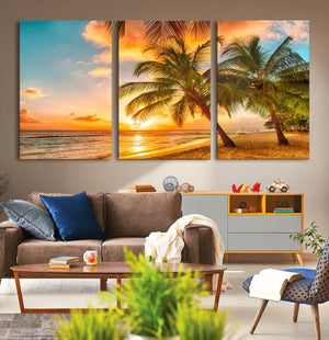Tropical Sunset Beach Canvas Wall Art Print – Vibrant Palm