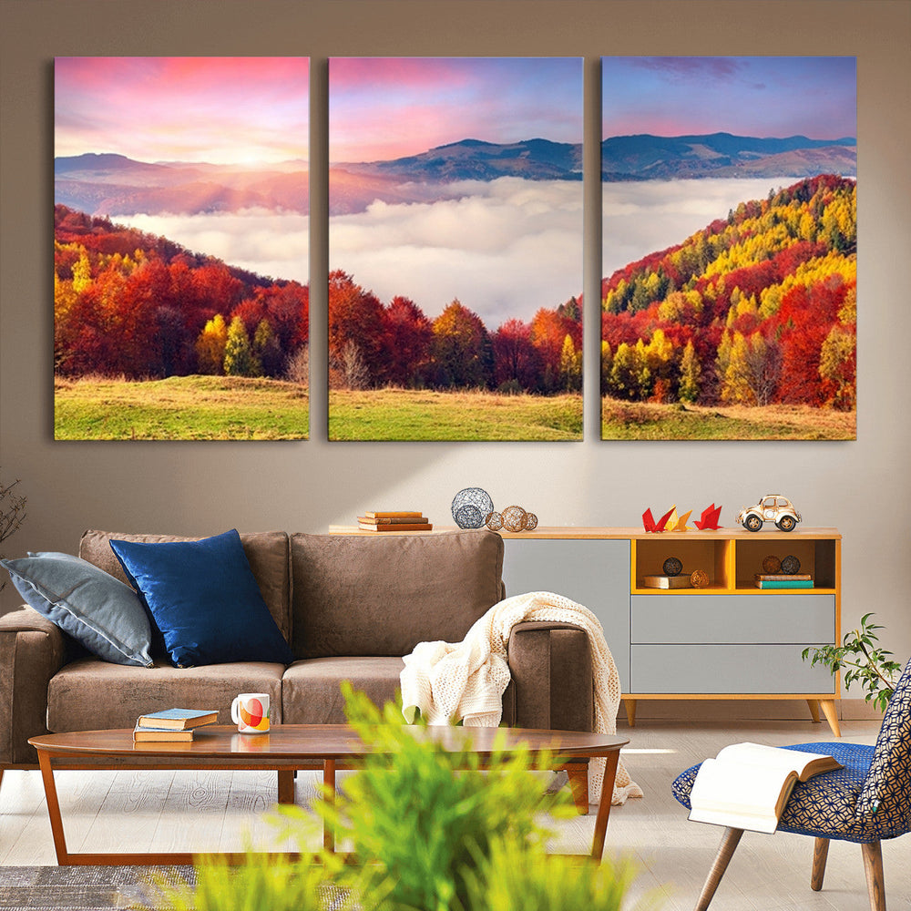 Autumn Mountain Foggy Landscape Wall Art Canvas Print |