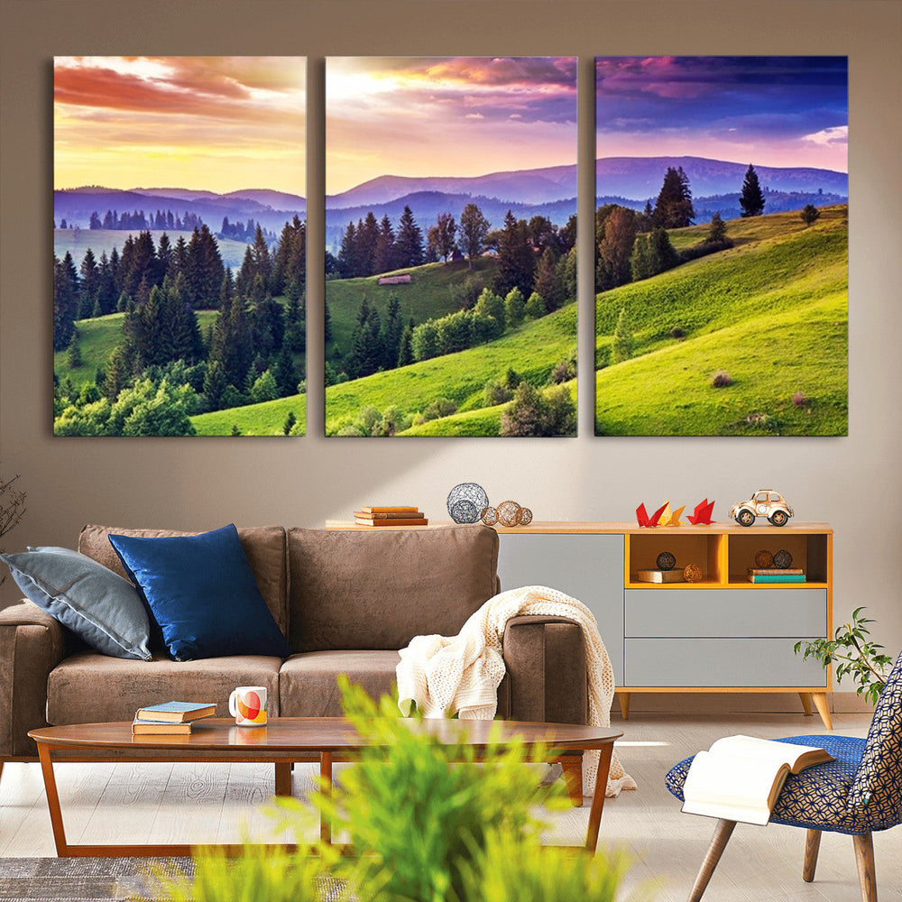 Green Hills and Sunset Wall Art Print - Scenic Landscape