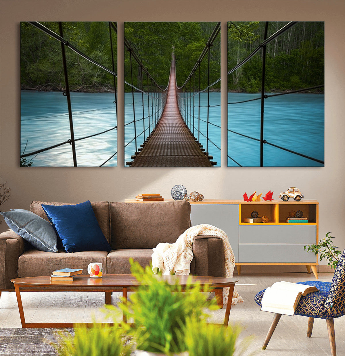 Suspension Bridge Over River Canvas Art | 3-Panel Nature