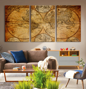 Vintage World Map Canvas Print – Antique Push Pin Travel
