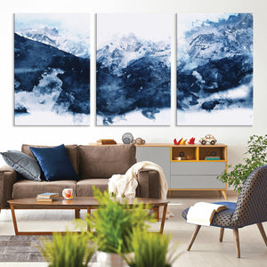 Abstract Blue Mountain Canvas Wall Art – Modern Triptych