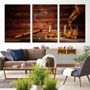 Whiskey and Cigar Wall Art Canvas | 3 Panel Bar Room Decor