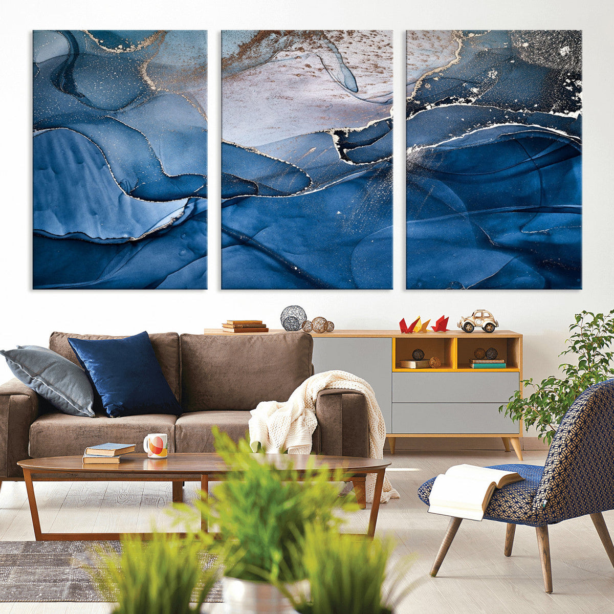 Navy Blue Canvas Art Abstract Print – Elegant Triptych