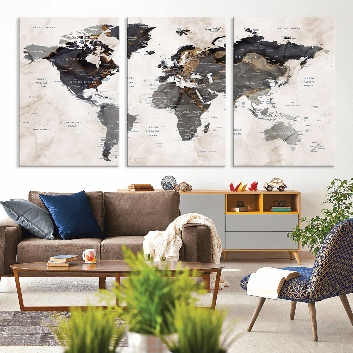 Abstract Map Printing - Modern World Map Canvas Wall Art for