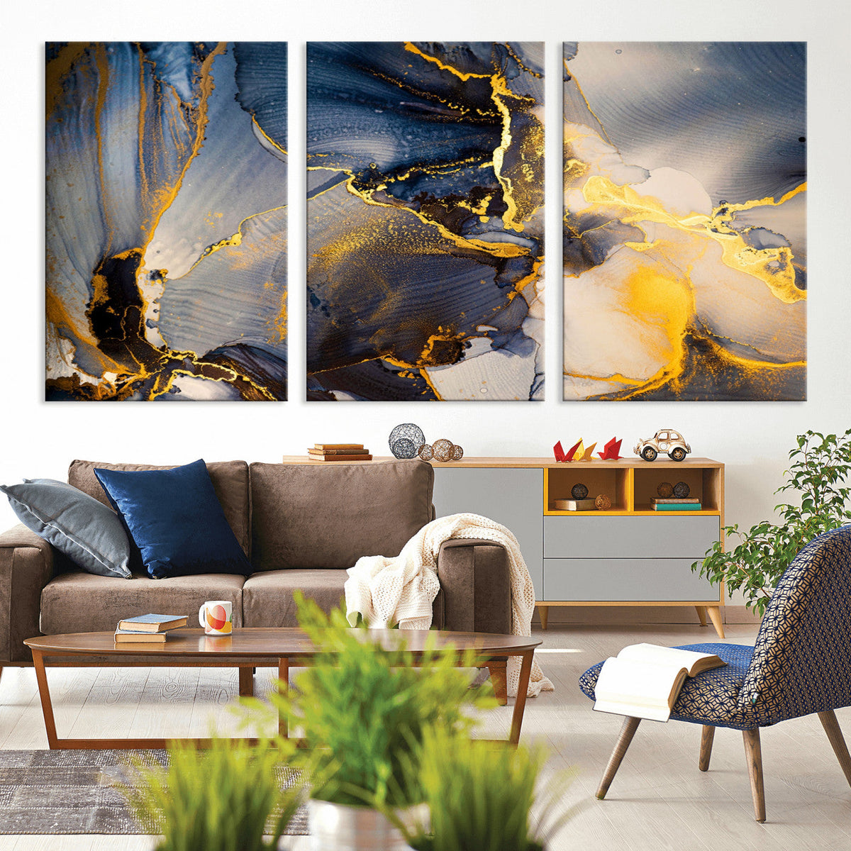 Large Abstract Wall Art Print -  Gold and Blue Abstract