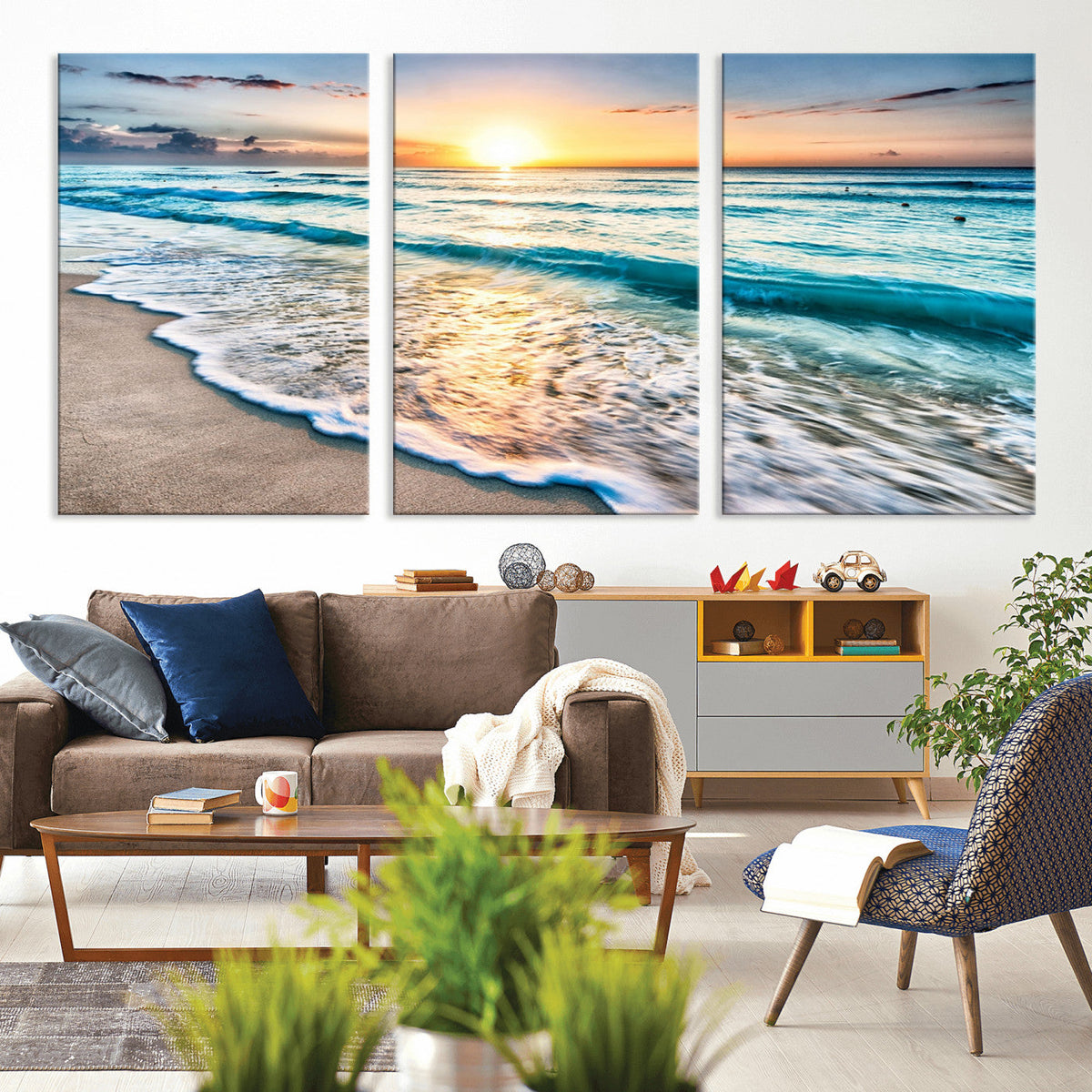 Sunset Beach Waves Canvas Wall Art – 5-Panel Ocean Sunset
