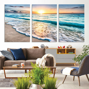Sunset Beach Waves Canvas Wall Art – 5-Panel Ocean Sunset