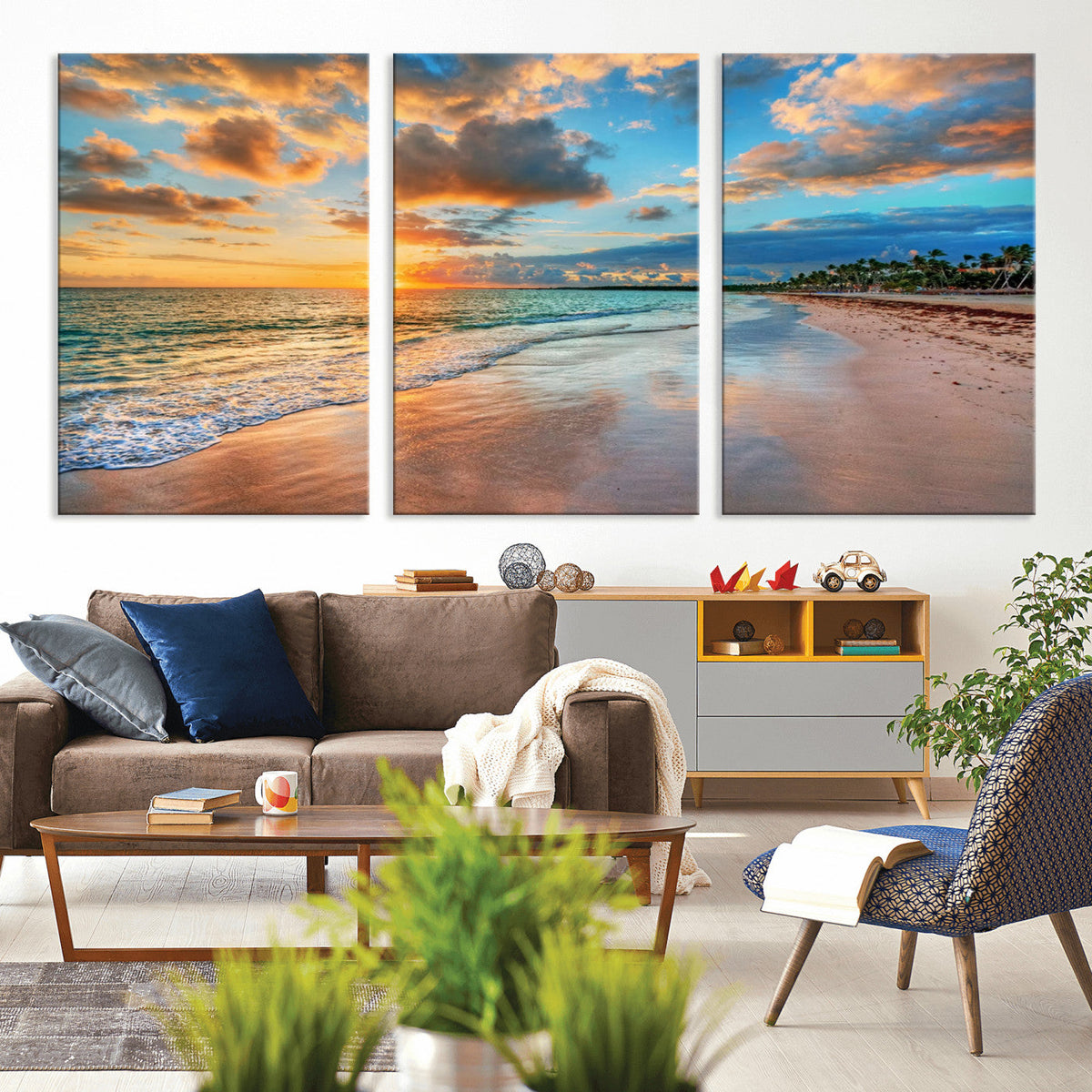 Sunset Ocean Waves on Tropical Beach, 3-Panel Giclee Canvas
