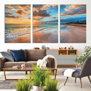 Sunset Ocean Waves on Tropical Beach, 3-Panel Giclee Canvas