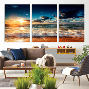 Golden Hour Sunset Over Ocean Waves Wall Art Canvas Print |