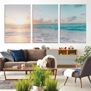 Tranquil Ocean Beach Sunset Canvas Wall Art | 3-Panel