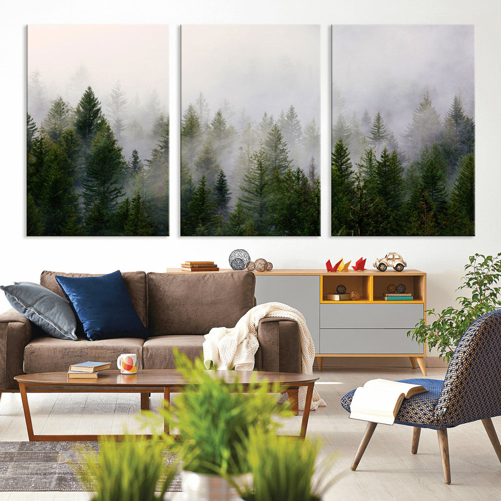 Misty Pine Forest Wall Art Canvas Print | 3 Panel Green