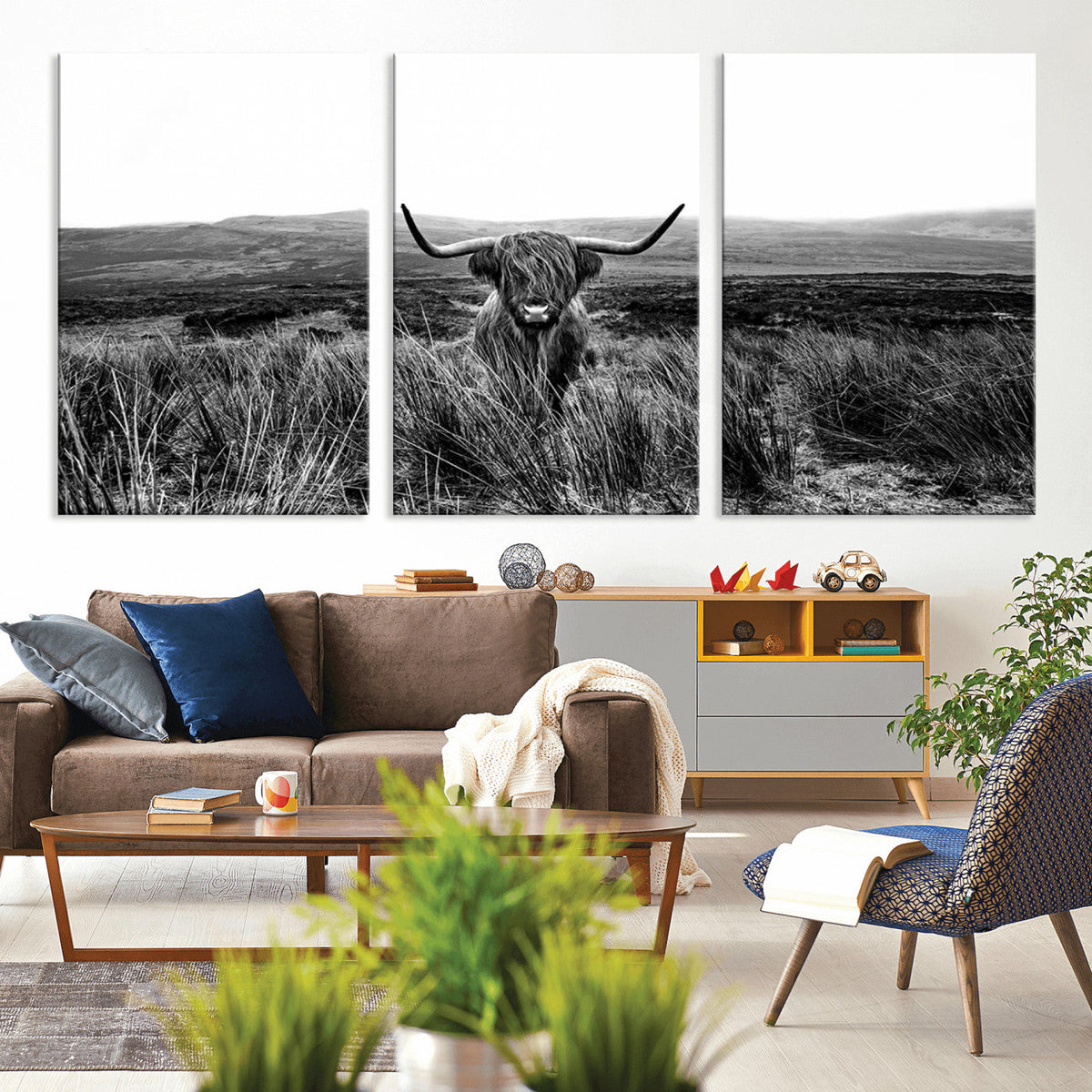 Black and White Highland Cow Canvas Wall Art, Longhorn