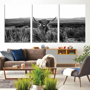 Black and White Highland Cow Canvas Wall Art, Longhorn
