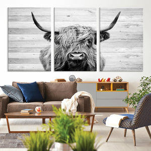 Scottish Highland Cow Cattle Art Print on Wood Background