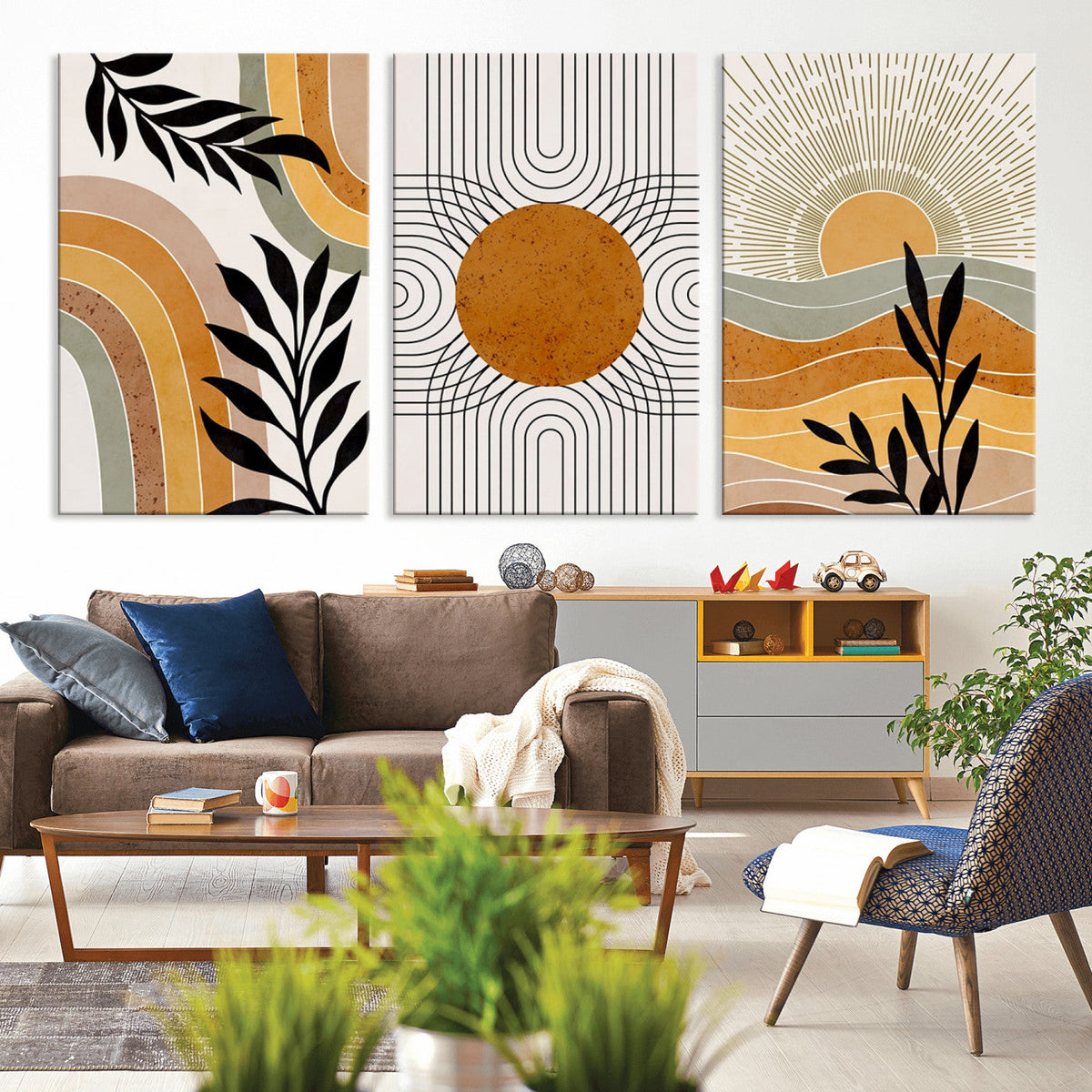 Modern Boho Sun and Leaf Abstract Art – 3-Panel Giclée